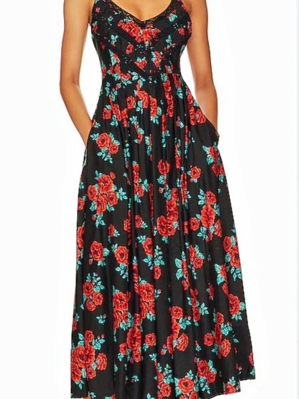 Free People Floral Maxi Dress in Black & Red Size XS but it fits like an S/M